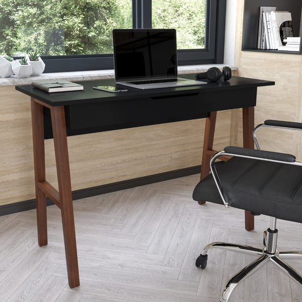 English Elm Darla Home Office Writing Desk - Stylish Two-Tone Computer Table with Drawer for Organized Workspaces Black Top/Walnut Frame 42.125"L GC-MBLK60-BK-WAL-GG
