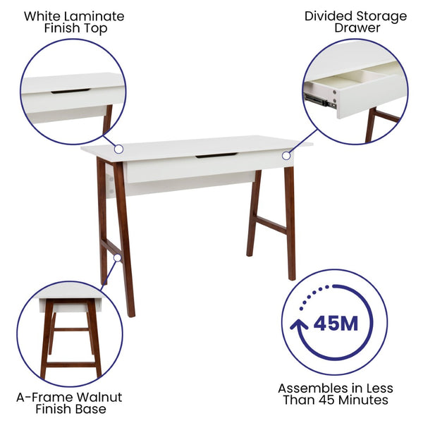 English Elm Darla Home Office Writing Desk - Stylish Two-Tone Computer Table with Drawer for Organized Workspaces White Top/Walnut Frame 42.125"L GC-MBLK60-WH-WAL-GG