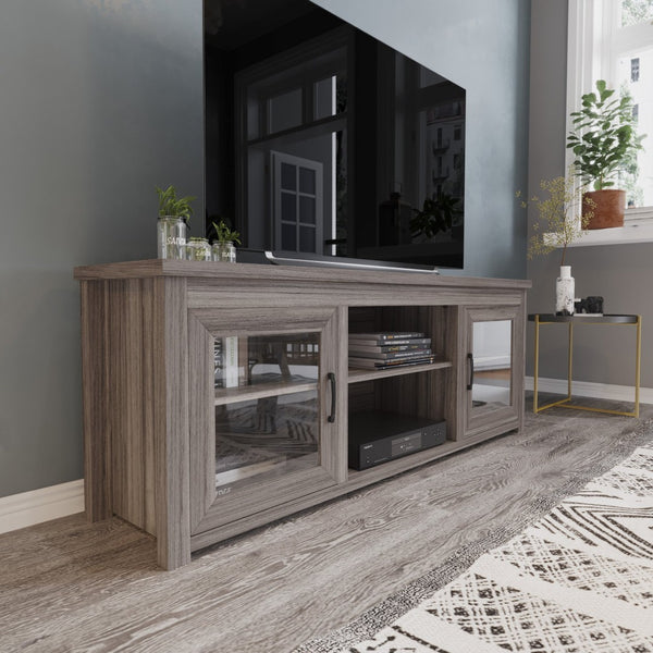 English Elm Sheffield Modern TV Stand for 80" TVs - Stylish Media Console with Glass Doors & Smart Storage Solutions Gray Wash Oak 65" GC-MBLK65-GY-GG