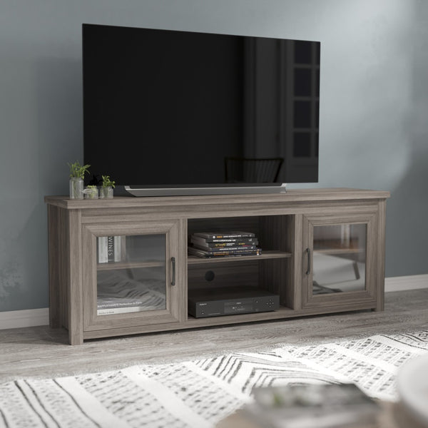 English Elm Sheffield Modern TV Stand for 80" TVs - Stylish Media Console with Glass Doors & Smart Storage Solutions Gray Wash Oak 65" GC-MBLK65-GY-GG
