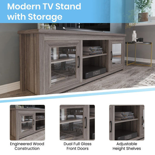 English Elm Sheffield Modern TV Stand for 80" TVs - Stylish Media Console with Glass Doors & Smart Storage Solutions Gray Wash Oak 65" GC-MBLK65-GY-GG