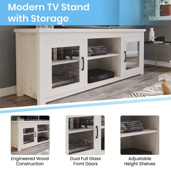 English Elm Sheffield Modern TV Stand for 80" TVs - Stylish Media Console with Glass Doors & Smart Storage Solutions White Wash 65" GC-MBLK65-WH-GG