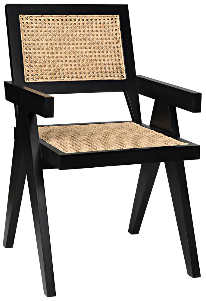 Noir Jude Handcrafted Teak Dining Chair with Woven Cane Seat and Black Hardwood Frame GCHA278B