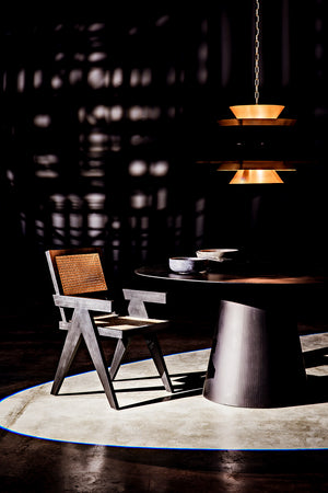 Jude Handcrafted Teak Dining Chair with Woven Cane Seat and Black Hardwood Frame