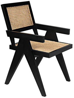 Jude Handcrafted Teak Dining Chair with Woven Cane Seat and Black Hardwood Frame
