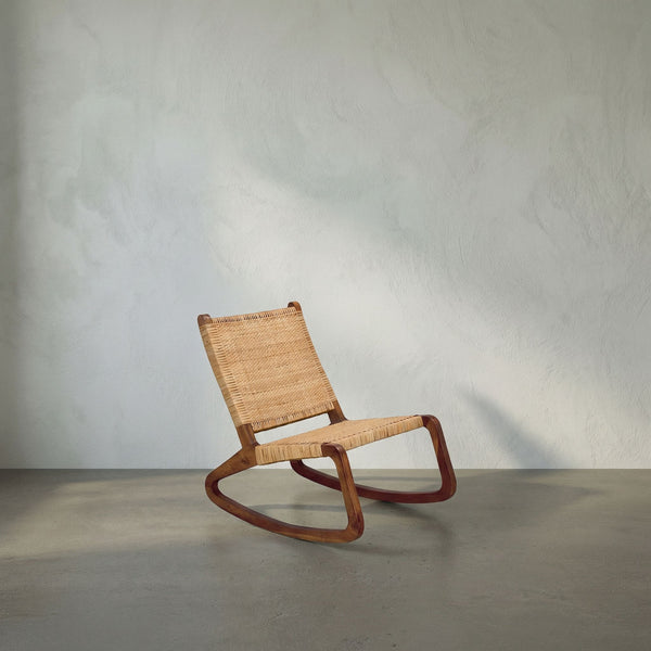 Las Palmas Solid Teak Rocking Accent Chair with Handwoven Rattan Cane Seat