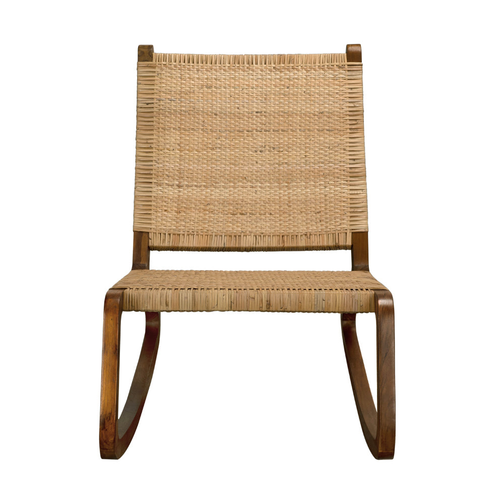 Noir Las Palmas Solid Teak Rocking Accent Chair with Handwoven Rattan Cane Seat GCHA282T