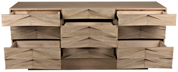 Noir Drake Sideboard: Elegant Modern Design with Hand-Carved Details and Nine Spacious Drawers for Storage Washed Walnut GCON306WAW