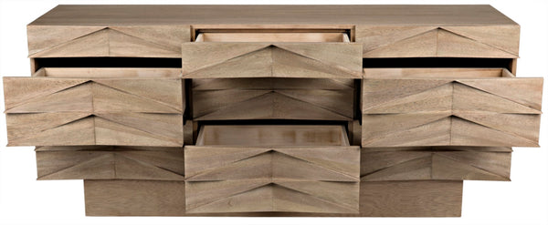 Noir Drake Sideboard: Elegant Modern Design with Hand-Carved Details and Nine Spacious Drawers for Storage Washed Walnut GCON306WAW