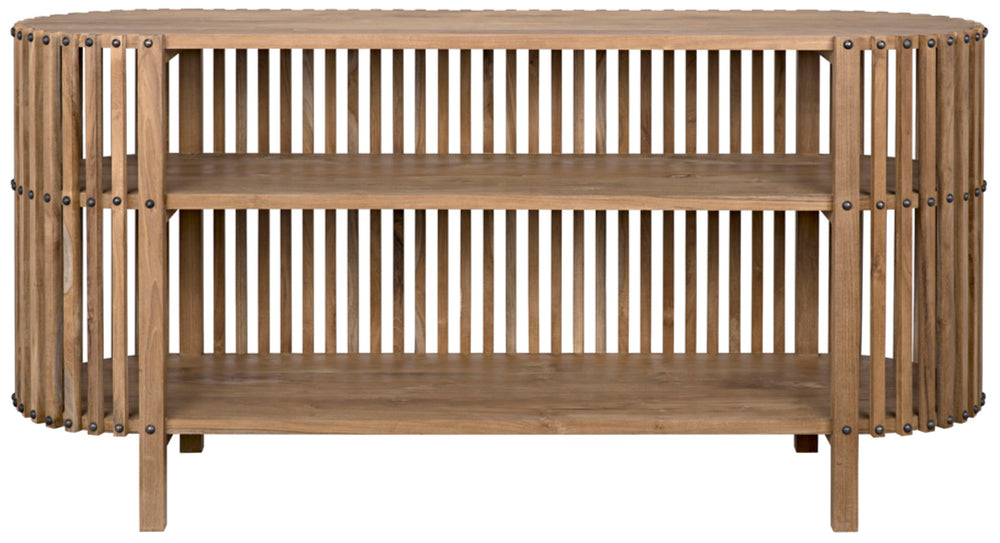 Noir Consuela Console Table in Teak - Timeless Tropical Elegance with Curved Sides & Brass Nailhead Trim GCON319T