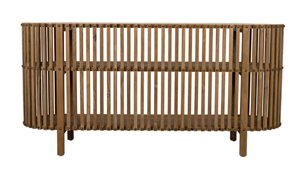 Noir Consuela Console Table in Teak - Timeless Tropical Elegance with Curved Sides & Brass Nailhead Trim GCON319T