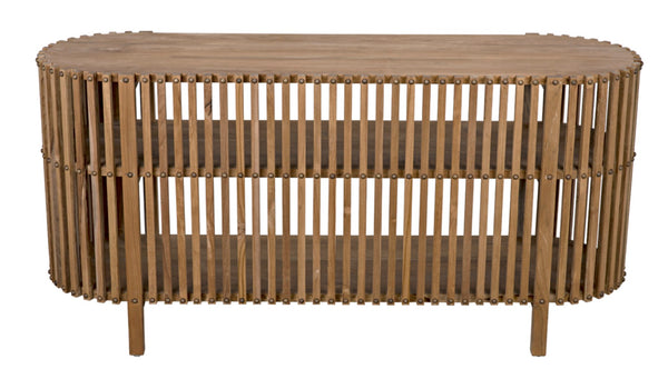 Noir Consuela Console Table in Teak - Timeless Tropical Elegance with Curved Sides & Brass Nailhead Trim GCON319T