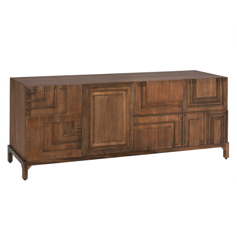 Noir Holden Sideboard: Modern Geometric Design with Handcrafted Fretwork for Stylish Storage Solutions Dark Walnut GCON367DW