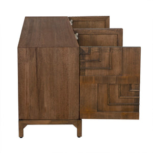 Noir Holden Sideboard: Modern Geometric Design with Handcrafted Fretwork for Stylish Storage Solutions Dark Walnut GCON367DW