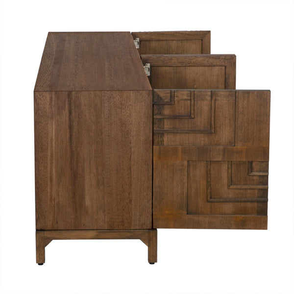 Noir Holden Sideboard: Modern Geometric Design with Handcrafted Fretwork for Stylish Storage Solutions Dark Walnut GCON367DW