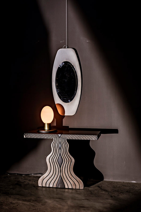 Noir Ray Console Table – Hand-Carved Mahogany with Pale Finish, Sculptural Design for Modern Interiors GCON370P