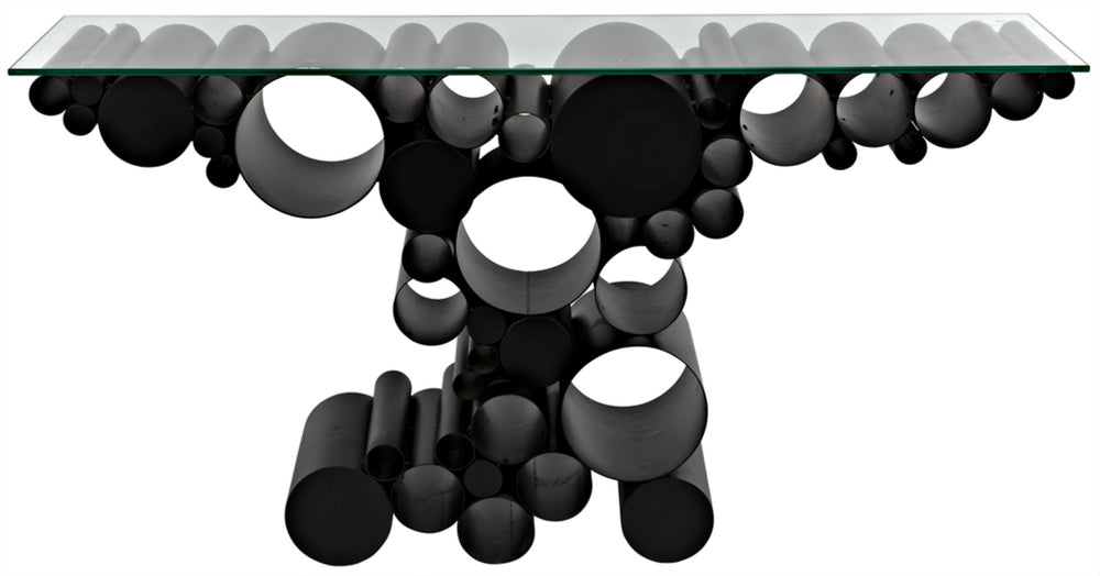 Noir Paradox Console Table: Modern Black Iron Frame with Glass Top for Eclectic Living Spaces & Entryways GCON371MTB