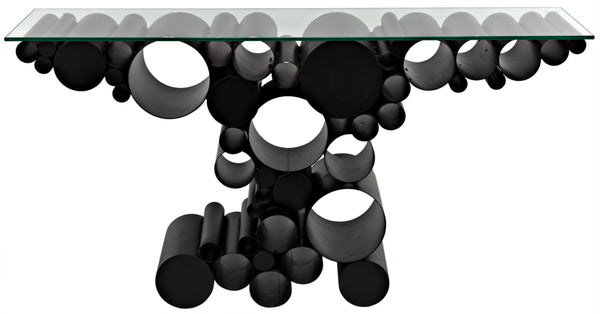 Noir Paradox Console Table: Modern Black Iron Frame with Glass Top for Eclectic Living Spaces & Entryways GCON371MTB