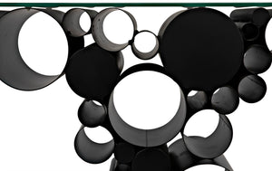 Noir Paradox Console Table: Modern Black Iron Frame with Glass Top for Eclectic Living Spaces & Entryways GCON371MTB