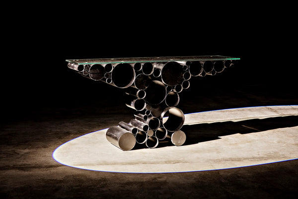 Noir Paradox Console Table: Modern Black Iron Frame with Glass Top for Eclectic Living Spaces & Entryways GCON371MTB