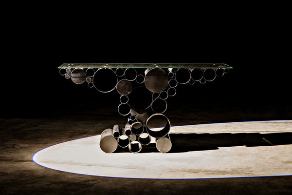 Noir Paradox Console Table: Modern Black Iron Frame with Glass Top for Eclectic Living Spaces & Entryways GCON371MTB