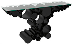 Noir Paradox Console Table: Modern Black Iron Frame with Glass Top for Eclectic Living Spaces & Entryways GCON371MTB