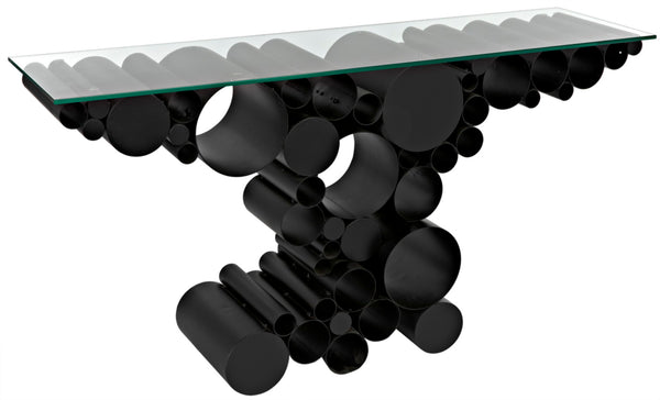 Noir Paradox Console Table: Modern Black Iron Frame with Glass Top for Eclectic Living Spaces & Entryways GCON371MTB