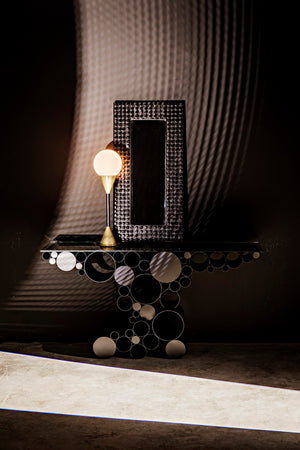 Noir Paradox Console Table: Modern Black Iron Frame with Glass Top for Eclectic Living Spaces & Entryways GCON371MTB