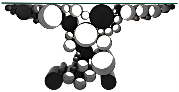 Noir Paradox Console Table: Modern Black Iron Frame with Glass Top for Eclectic Living Spaces & Entryways GCON371MTB