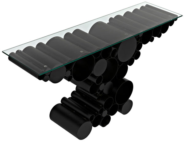 Noir Paradox Console Table: Modern Black Iron Frame with Glass Top for Eclectic Living Spaces & Entryways GCON371MTB