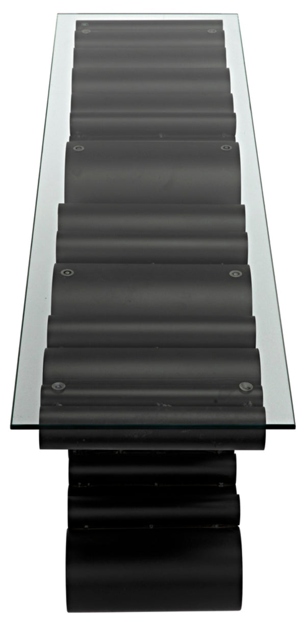 Noir Paradox Console Table: Modern Black Iron Frame with Glass Top for Eclectic Living Spaces & Entryways GCON371MTB