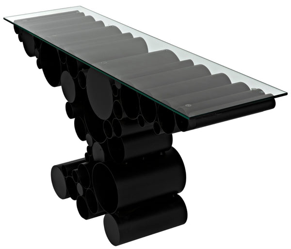 Noir Paradox Console Table: Modern Black Iron Frame with Glass Top for Eclectic Living Spaces & Entryways GCON371MTB
