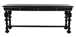 Noir Portuguese Console Table - Elegant Mahogany Design with Antique Brass Pulls for Timeless Decor Hand Rubbed Black GCON376HB