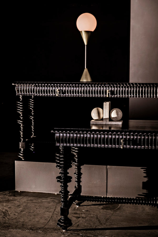 Noir Portuguese Console Table - Elegant Mahogany Design with Antique Brass Pulls for Timeless Decor Hand Rubbed Black GCON376HB