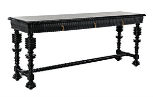 Noir Portuguese Console Table - Elegant Mahogany Design with Antique Brass Pulls for Timeless Decor Hand Rubbed Black GCON376HB