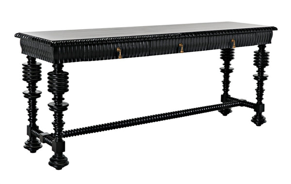 Noir Portuguese Console Table - Elegant Mahogany Design with Antique Brass Pulls for Timeless Decor Hand Rubbed Black GCON376HB