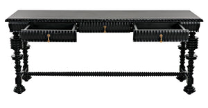 Noir Portuguese Console Table - Elegant Mahogany Design with Antique Brass Pulls for Timeless Decor Hand Rubbed Black GCON376HB