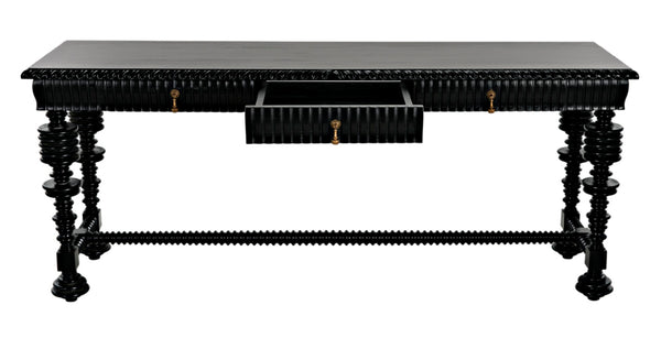 Noir Portuguese Console Table - Elegant Mahogany Design with Antique Brass Pulls for Timeless Decor Hand Rubbed Black GCON376HB