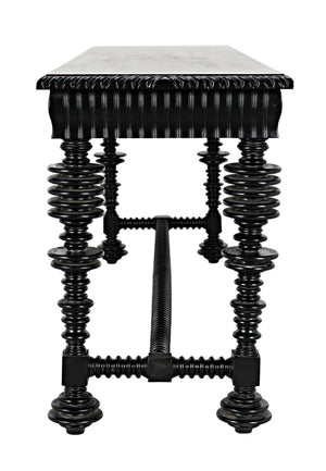 Noir Portuguese Console Table - Elegant Mahogany Design with Antique Brass Pulls for Timeless Decor Hand Rubbed Black GCON376HB