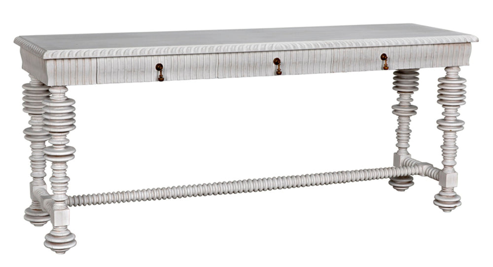 Noir Portuguese Console Table - Elegant Mahogany Design with Antique Brass Pulls for Timeless Decor White Wash GCON376WH