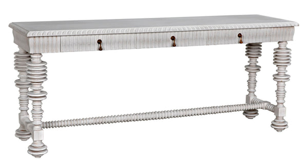 Noir Portuguese Console Table - Elegant Mahogany Design with Antique Brass Pulls for Timeless Decor White Wash GCON376WH