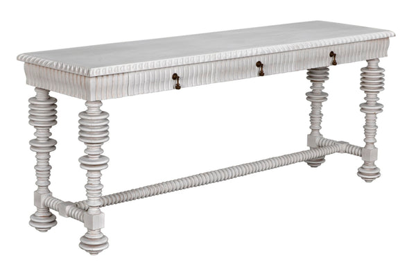 Noir Portuguese Console Table - Elegant Mahogany Design with Antique Brass Pulls for Timeless Decor White Wash GCON376WH