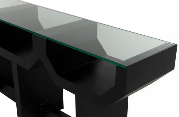 Noir Ando Console Table – Handcrafted Mahogany & Glass Accent for Modern Entryways & Living Spaces GCON397HB
