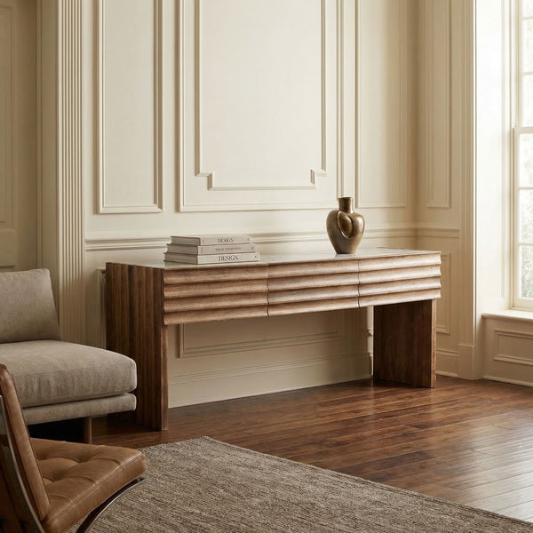 Wolf Solid Walnut Console Table with Marble Top Three Drawers Entryway Storage