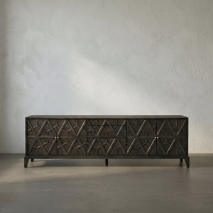 Noir Maharadsha Mahogany Veneer Sideboard with Brass Pulls and Neo-deco Geometric Millwork GCON461P