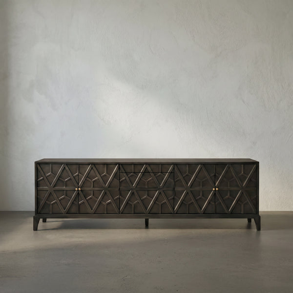 Noir Maharadsha Mahogany Veneer Sideboard with Brass Pulls and Neo-deco Geometric Millwork GCON461P