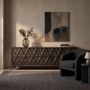 Maharadsha Mahogany Veneer Sideboard with Brass Pulls and Neo-deco Geometric Millwork