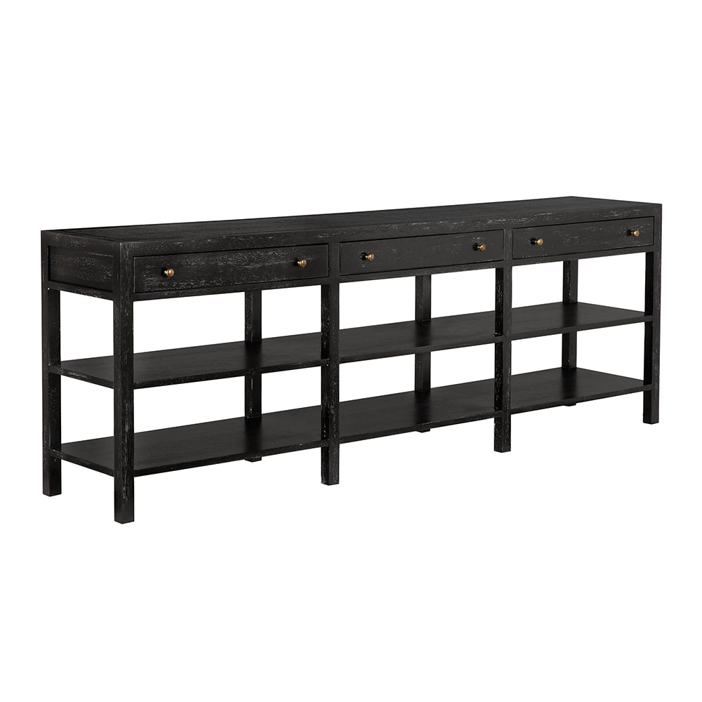 Noir Grace Entryway Console Table with Walnut Finish Open Shelves and Brass Hardware GCON462BKW