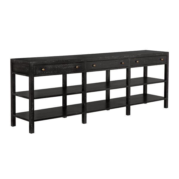 Noir Grace Entryway Console Table with Walnut Finish Open Shelves and Brass Hardware GCON462BKW