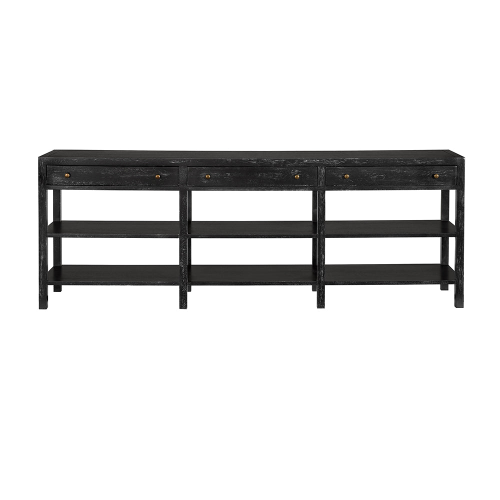 Noir Grace Entryway Console Table with Walnut Finish Open Shelves and Brass Hardware GCON462BKW